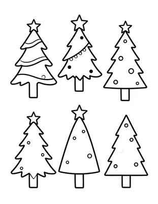 Kleurplaat met zes eenvoudige kerstbomen naast elkaar, elk met een ster bovenop en versierd met kerstballen en slingers.