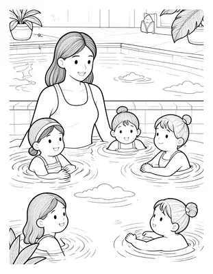 Kleurplaat van een moeder, tante en twee nichtjes die samen zwemmen in een binnenzwembad met tegels en watergolven.