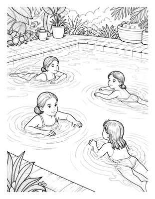 Kleurplaat van een vrouw en twee jonge meisjes die samen zwemmen in een groot zwembad met planten op de achtergrond.