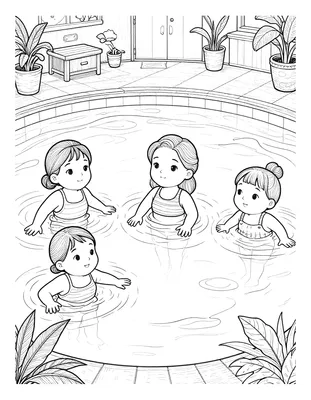 Kleurplaat van drie vrouwen en een meisje die samen zwemmen in een binnenzwembad met planten op de achtergrond