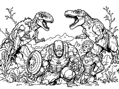 Kleurplaat van superhelden uit The Avengers met reusachtige dinosaurussen uit Jurassic Park in actie.