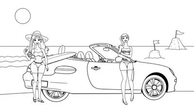 Barbie kleurplaat met een cabriolet op een zonnig strand.