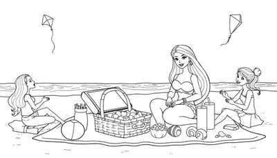 Kleurplaat van Barbie op het strand met vrienden, een picknickmand, vliegers en speelgoed.