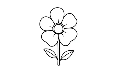 Zwart-witte kleurplaat van een bloem met vijf bloemblaadjes, een steel en twee bladeren.