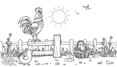 Een kleurplaat van een haan op een hek met kippen, een mand vol eieren en een zonnig landschap.