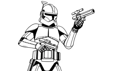 Kleurplaat van een stoere Star Wars Clone Trooper met twee blasters in de handen.