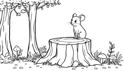 Kleurplaat van een muisje op een boomstam in een bos met paddenstoelen en bomen.