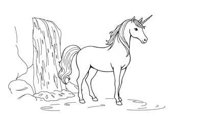 Kleurplaat van een eenhoorn bij een waterval.