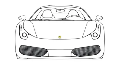 Kleurplaat van een Ferrari 458 superauto, gezien van de voorkant.