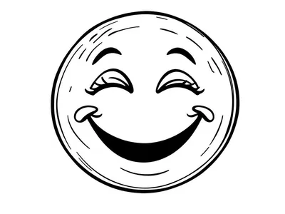 Zwart-witte kleurplaat van een glimlachende emoji.