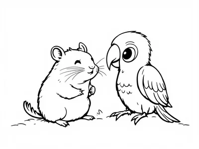 Een kleurplaat van een hamster en een papegaai die samen lachen.