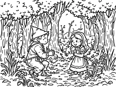 Kleurplaat van Hans en Grietje die samen in het bos staan.