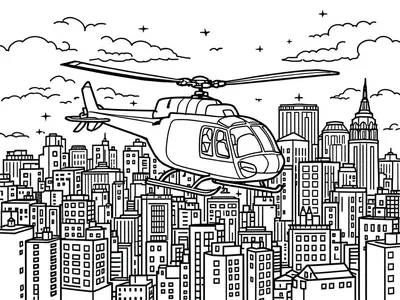 Kleurplaat van een helikopter die boven een stad vol hoge gebouwen vliegt.