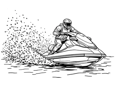 Kleurplaat van een persoon op een jetski die over het water racet.