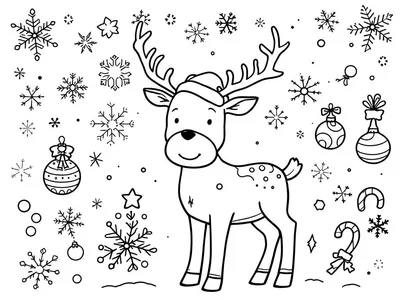 Kleurplaat van een schattig rendier met kerstslingers en sneeuwvlokken.