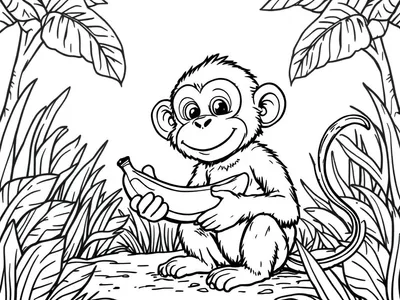 Kleurplaat van een aapje met een banaan in de jungle.