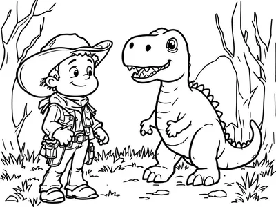 Kleurplaat van een avonturier en een schattige dinosaurus in een bos.