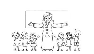 Kleurplaat van een lieve juf met uitgestrekte armen, omringd door lachende kinderen.