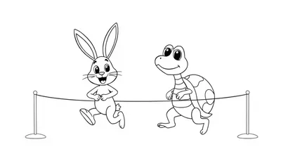 Kleurplaat van een konijn en een schildpad die samen een race rennen.