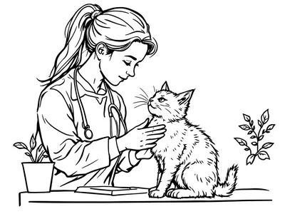 Kleurplaat van een dierenarts die een kat verzorgt.