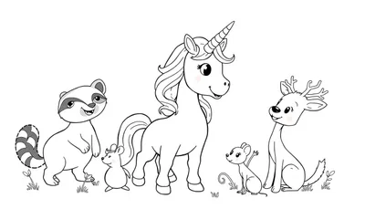 Een kleurplaat van een vrolijke eenhoorn met een groep schattige dieren, zoals een wasbeer, muizen en een hert.
