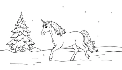 Een kleurplaat van een eenhoorn die door een winterwonderland loopt met besneeuwde bomen en sneeuwvlokken.