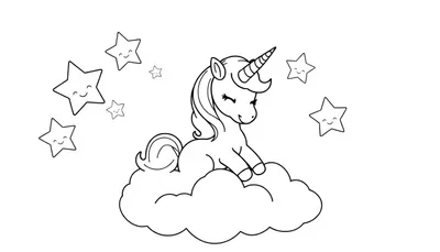 Een kleurplaat van een lieve eenhoorn op een wolk, omringd door slapende sterren.