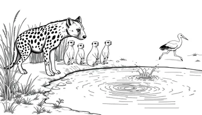 Kleurplaat van een hyena en stokstaartjes bij een waterpoel terwijl een vogel wegloopt.