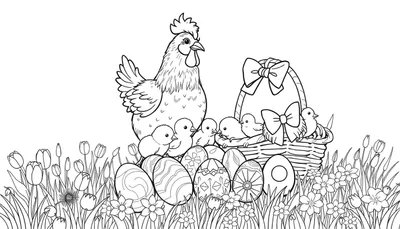 Een kleurplaat met een kip, kuikens, paasmand en versierde paaseieren in een lentetuin.