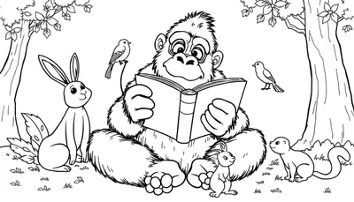 Kleurplaat van een gorilla die een boek leest tussen bosdiertjes.