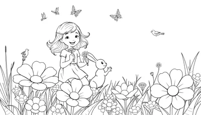Kleurplaat van een lachend meisje met een konijn tussen grote bloemen en vlinders.