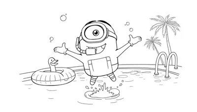 Kleurplaat van een Minion met snorkel die in een zwembad speelt.