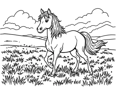 Een kleurplaat van een paard dat in een weiland staat.