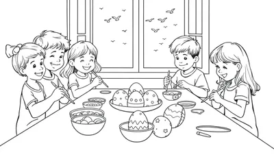 Kleurplaat van kinderen die paaseieren versieren aan een tafel.