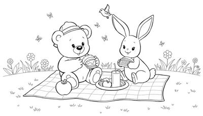 Kleurplaat van een teddybeer en een knuffelkonijn die samen picknicken op een kleed met sandwiches en appels in een bloemenveld.