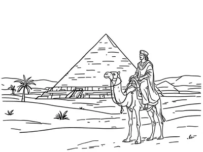 Kleurplaat van een piramide in de woestijn met een kameel en een prins erop.