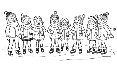 Kleurplaat van lachende kinderen die samen aan het schaatsen zijn in de sneeuw.