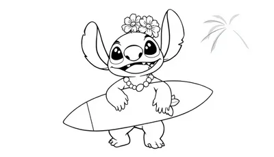 Kleurplaat van een vrolijke Stitch op een surfboard met bloemenkrans in Hawaii-stijl.
