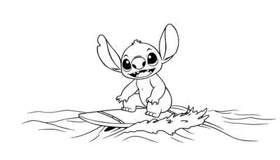 Kleurplaat van een vrolijke Stitch op een surfboard in de golven.