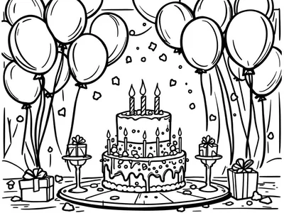 Kleurplaat van een verjaardagstaart met kaarsjes, ballonnen en cadeautjes.