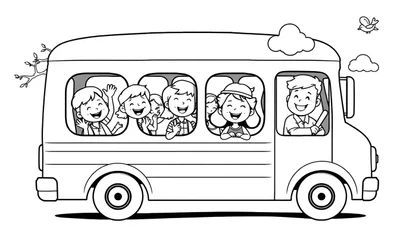 Kleurplaat van een lachende groep kinderen in een bus.
