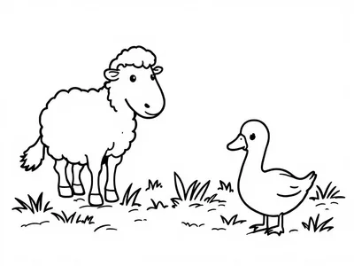 Kleurplaat van een schaap en een eend in een grasveld.