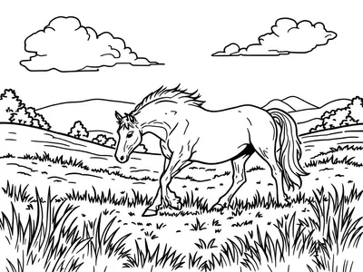 Kleurplaat van een paard dat in een wei loopt met heuvels, bomen en wolken op de achtergrond.