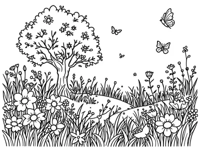Kleurplaat van een weide in de lente met bloemen, vlinders en een boom.