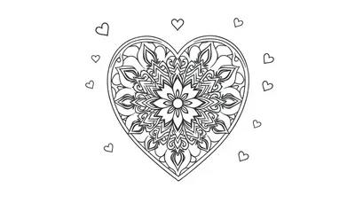 Een mandala in een groot hart met kleine hartjes eromheen, als kleurplaat.