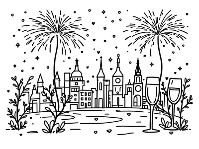 Kleurplaat van een stad tijdens Oud en Nieuw met vuurwerk en champagneglazen.