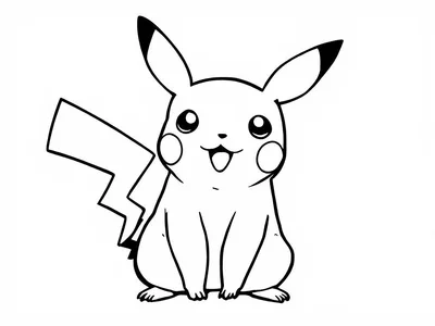 Een kleurplaat van Pikachu, een vrolijke Pokémon met grote oren en een bliksemschicht-staart.