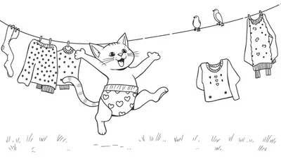 Een vrolijke kat in een hartjes onderbroek die tussen de waslijnen springt.