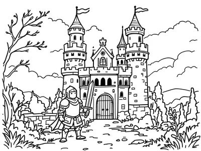 Kleurplaat van een ridder en een kasteel om in te kleuren.