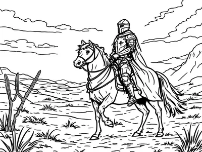 Kleurplaat van een ridder op een paard in een woestijnachtige omgeving.